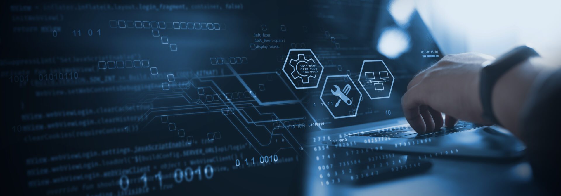 IT support, customer service concept. Computer engineer, technician coding on laptop computer connection with big data storage as backgrounds, digital technology, database, data management Image title